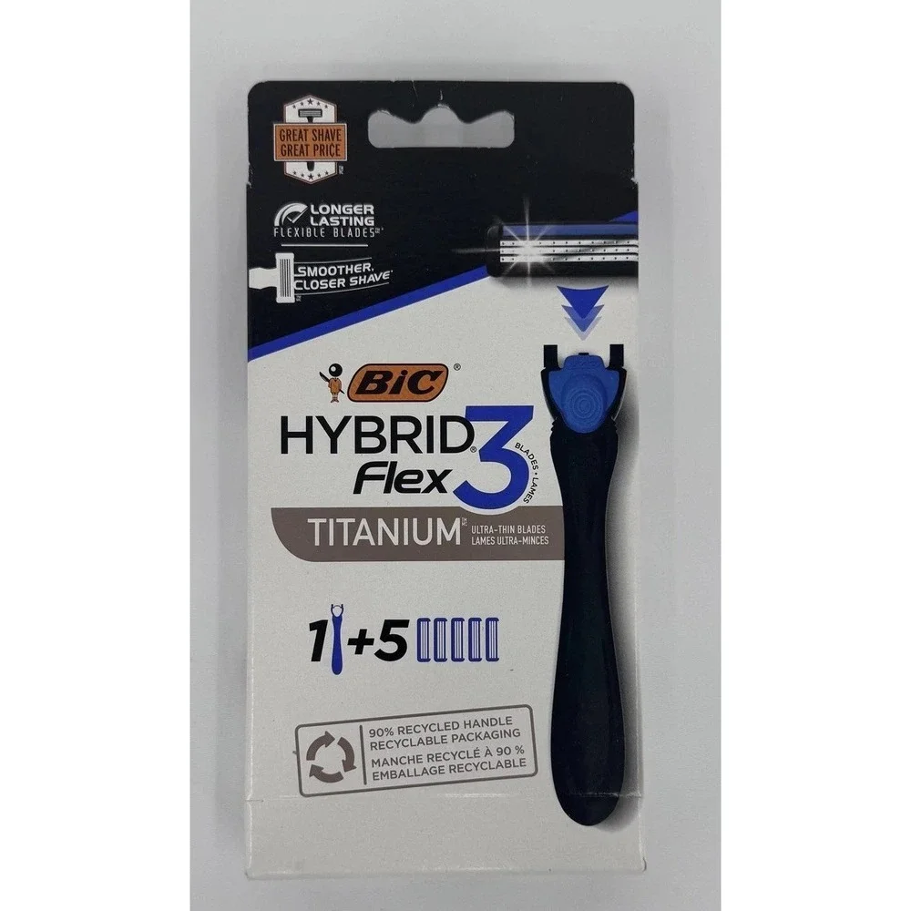 BIC Hybrid Flex 3 Titanium Razor Blue 1 Handle 5 Cartridges Mens Shaving NEW